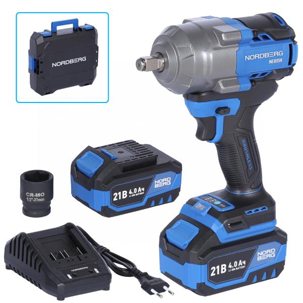 Гайковерт аккумуляторный, 1/2", 21 В, 500 Нм, 2 аккумулятора 4 A и зарядное устройство, в кейсе NE802K