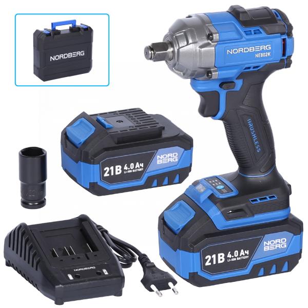 Гайковерт аккумуляторный, 1/2", 21 В, 500 Нм, 2 аккумулятора 4 A и зарядное устройство, в кейсе NE802K